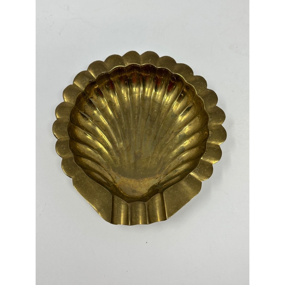 Vintage Solid Brass Seashell 5" Ashtray Desk Top Decor W9